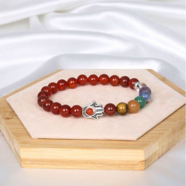 Браслет камень + хамса Красный оникс 8мм  (22 - 24 бусины)