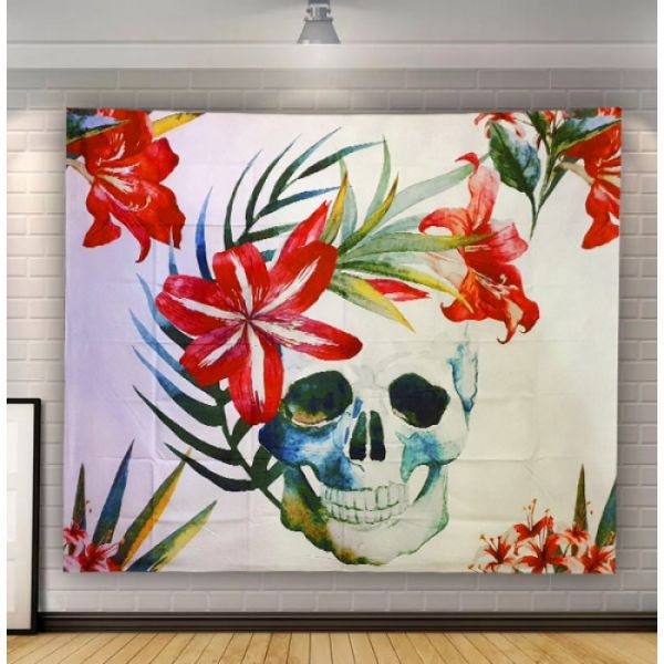 Гобелен настінний з малюнком "Череп в квітах  Бохо"