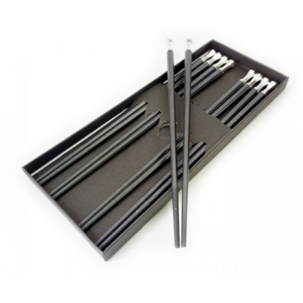 Палички для суші  ебонітові  з металом  набір 5 пар  білий метал