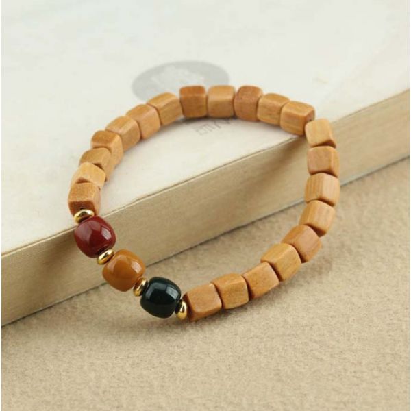 Браслет Дерев'яний з каменем квадратні намистини