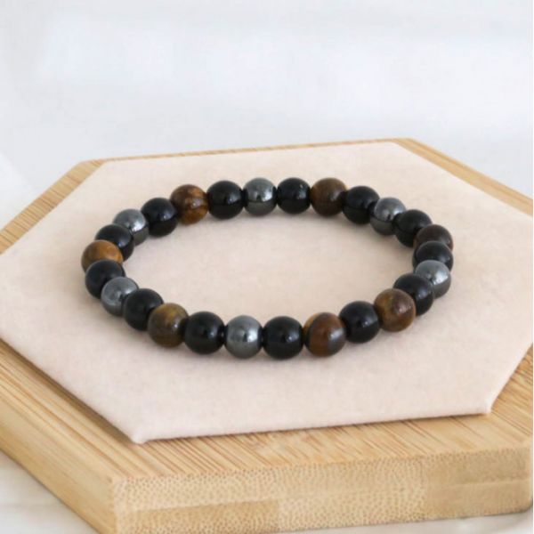 Браслет із каменів  Гематит, Тигрове око, Чорний агат 8мм (26 намистин)