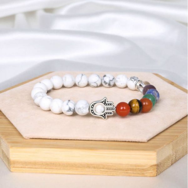 Браслет камінь + хамса Біла яшма 8мм (22 - 24 намистини)