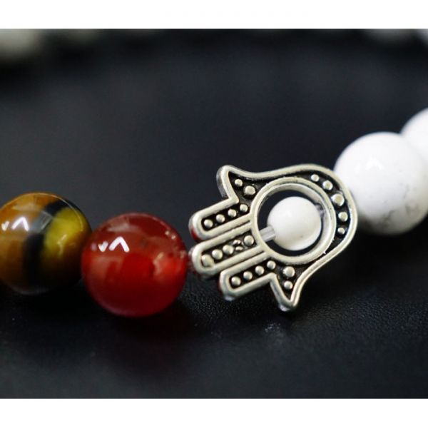 Браслет камінь + хамса Біла яшма 8мм (22 - 24 намистини)