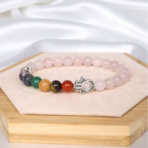 Браслет камінь + хамса Рожевий кварц 8мм ( 22 - 24 намистини)