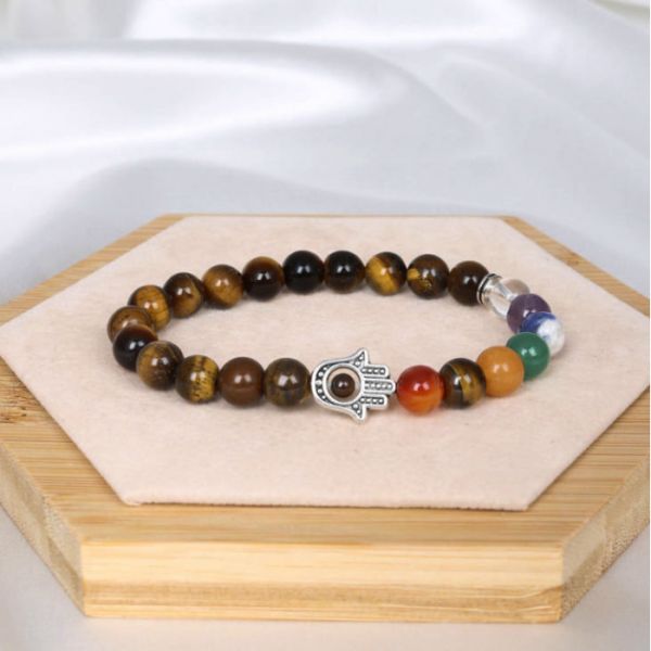 Браслет камінь + хамса Тигрове око 8мм (22 - 24 намистини)