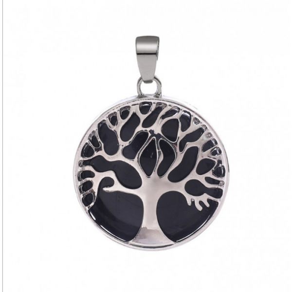 Кулон білий метал "Дерево Життя" вставка Чорний агат