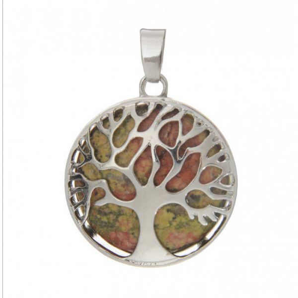 Кулон білий метал "Дерево Життя" вставка Зелена яшма